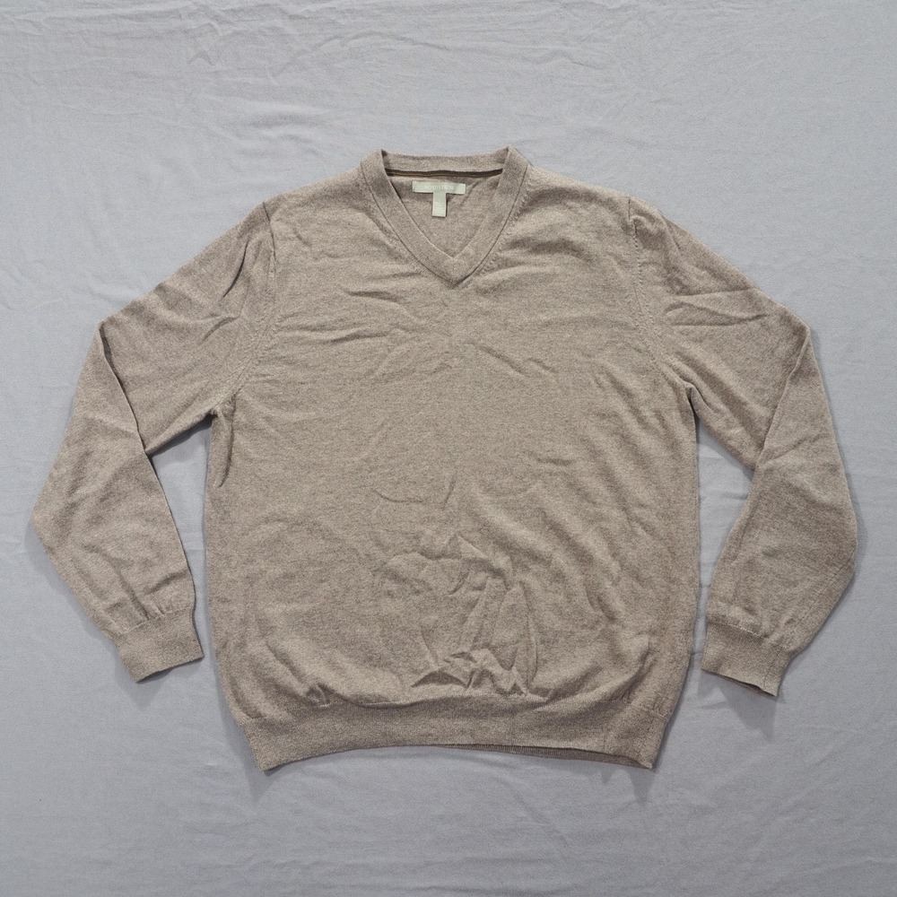 Nordstrom Sweater Mens Large Tan Merino Wool V Neck Knit Pullover Oatmeal Brown